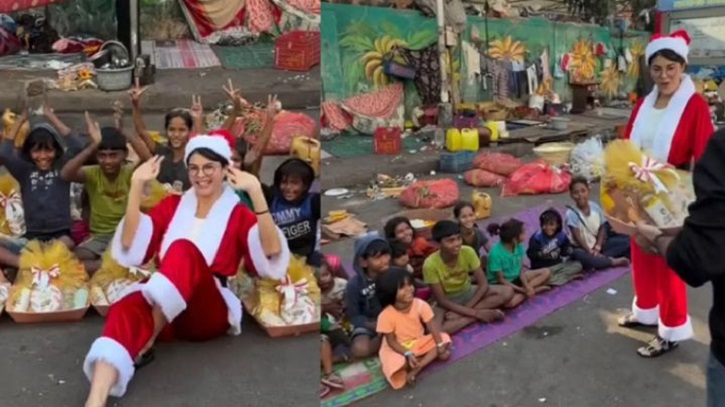 বড়দিনে ‘সান্তা’ হয়ে পথশিশুদের মুখে হাসি ফোটালেন জ্যাকলিন