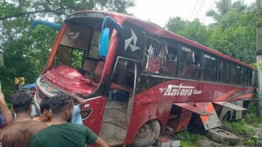 বরিশাল-ঢাকা মহাসড়কে বাস খাদে পড়ে আহত ১০